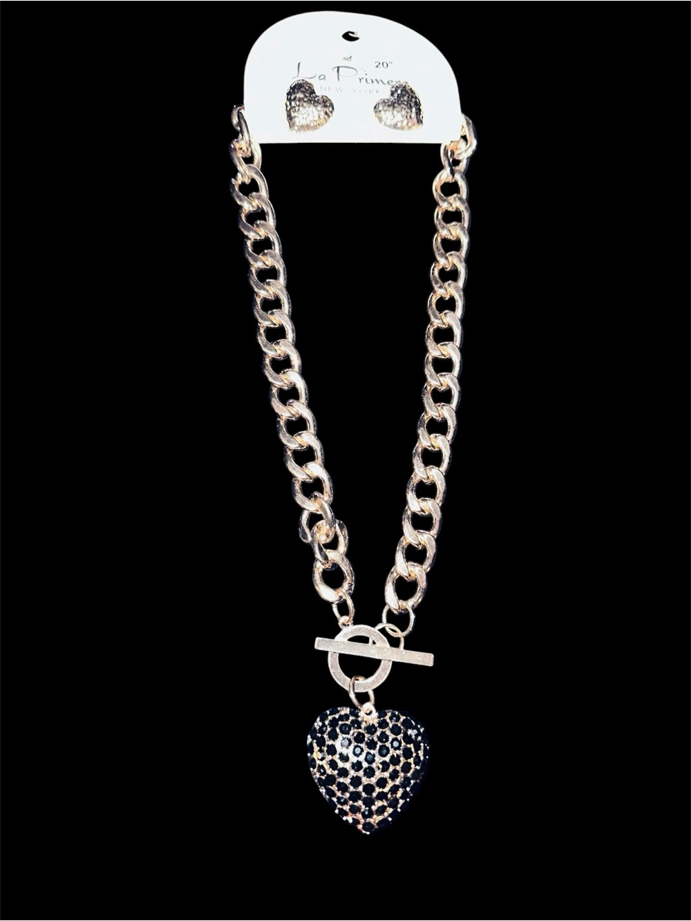 Prince Gold-Tone Curb Chain Necklace with Black Pave Heart Pendant with earrings